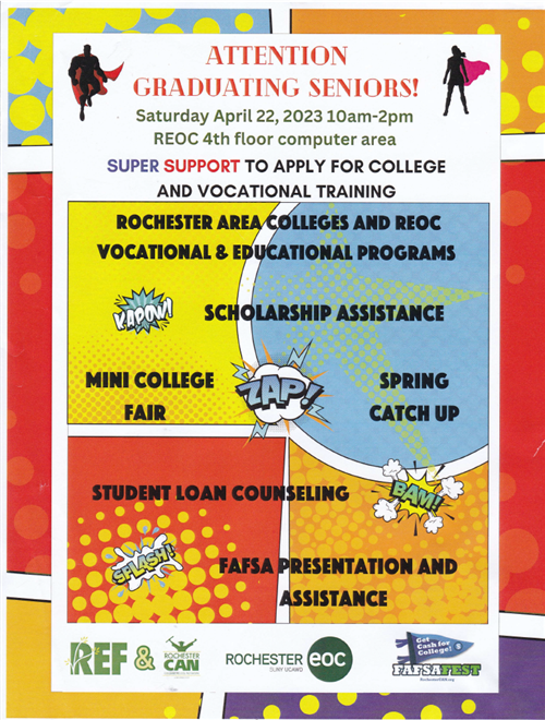 REOC April 22 10 to 2 apply for college, vocational training, scholarship assistance, mini college fair FAFSA assistance, 